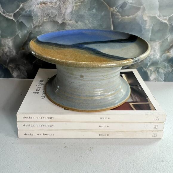 Studio Art Pottery Cake Stand Stoneware 9" Diameter Handmade Tall Multicolor Vtg - Picture 1 of 9